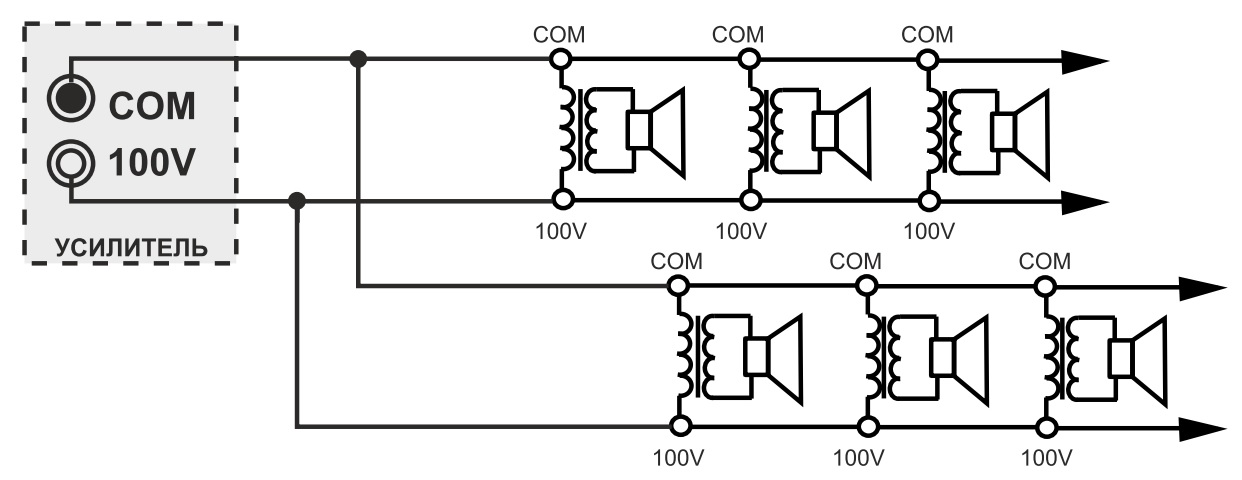 Схема подключения CRH608T в трансляционном режиме (70/100 В)