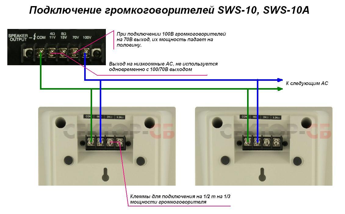 Схема подключения громкоговорителя SWS-10 и SWS-10A