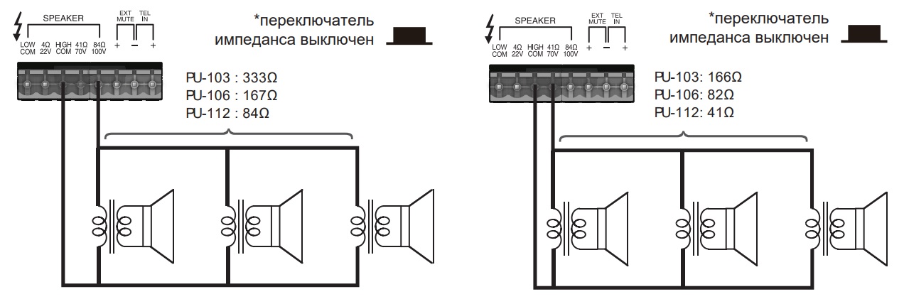Подключение трансляционных громкоговорителей к Inter-M Схема подключения Inter-M PU-106