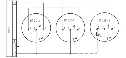 Схема включения извещателя в двухпроводной сигнализации шлейф ИП 212-41М