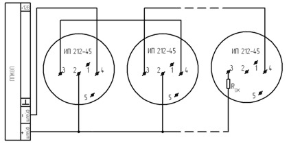 Схема подключения извещателя ИП 212-45 по двухпроводному шлейфу сигнализации ШС