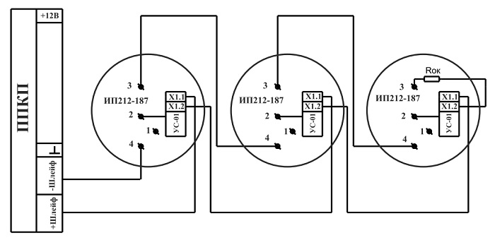 Схема подключения извещателя ИП 212-187 c УС-01 по двухпроводному ШС