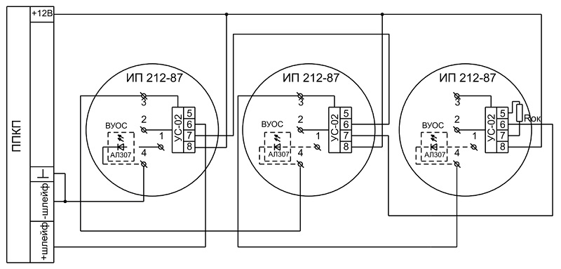 Схема подключения извещателя ИП 212-87 с УС-02 по четырехпроводному ШС