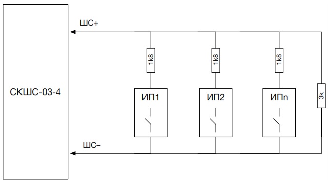 Схема подключения нескольких извещателей с НО контактами в ШС с контролем КЗ и обрыва к СКШС-03-4 IP20