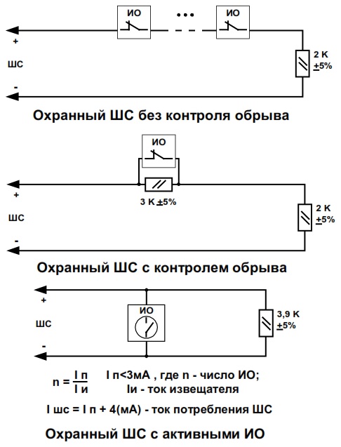 Схема подключения охранных извещателей к Р-020М
