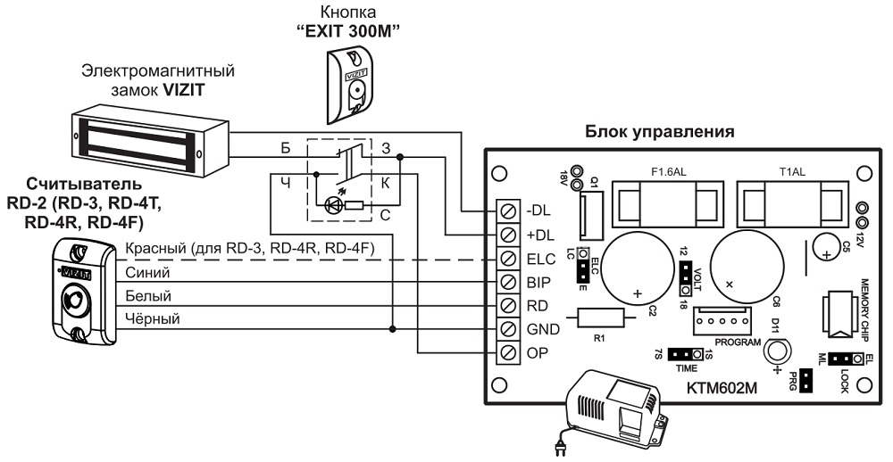 Схема подключения контроллера ключей ТМ VIZIT-KTM602M