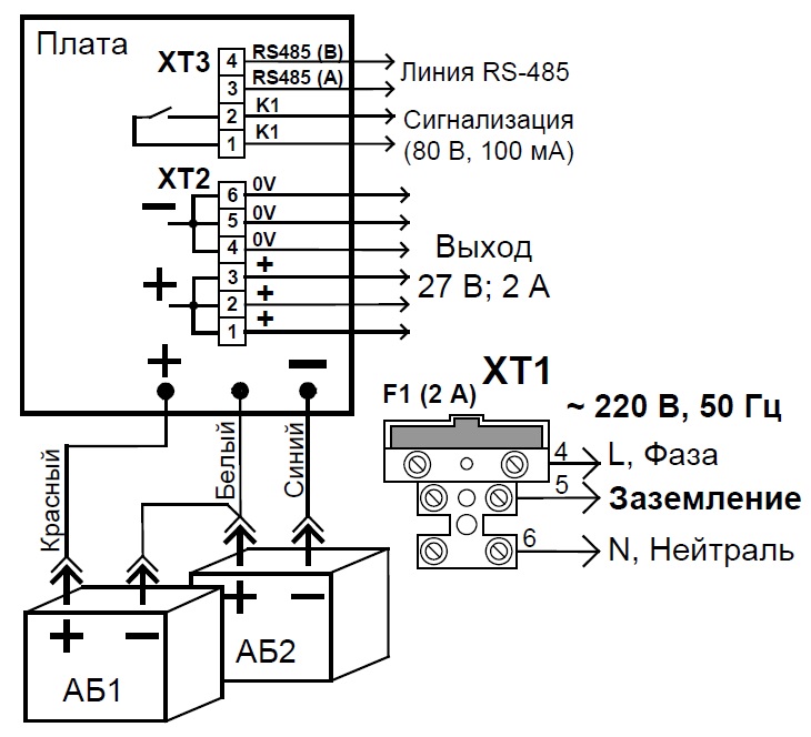 Схема подключения Болид РИП-24 исп.50 (РИП-24-2/7М4-Р-RS)