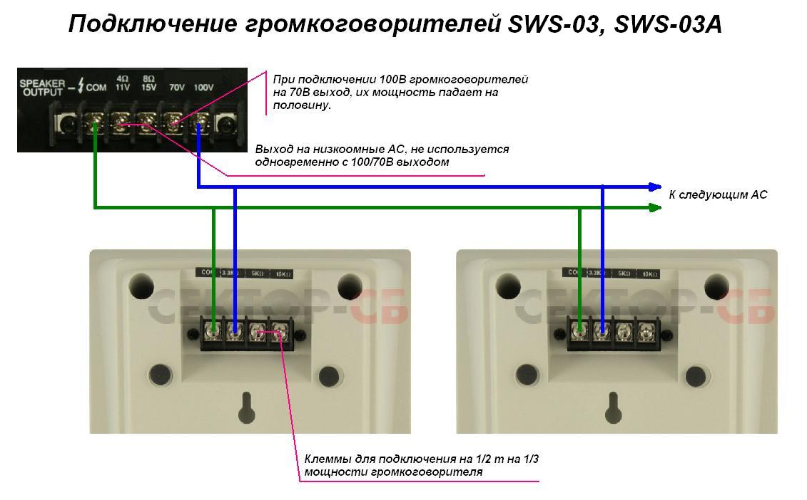 Схема подключения громкоговорителя SWS-03 и SWS-03A