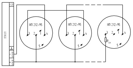 схема подключения извещателя ИП 212-95 по 2х проводному шлейфу 