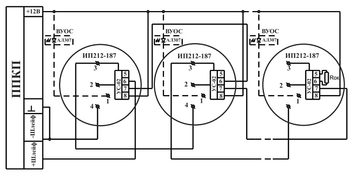 Схема подключения извещателя ИП 212-187 с УС-02 по четырехпроводному ШС