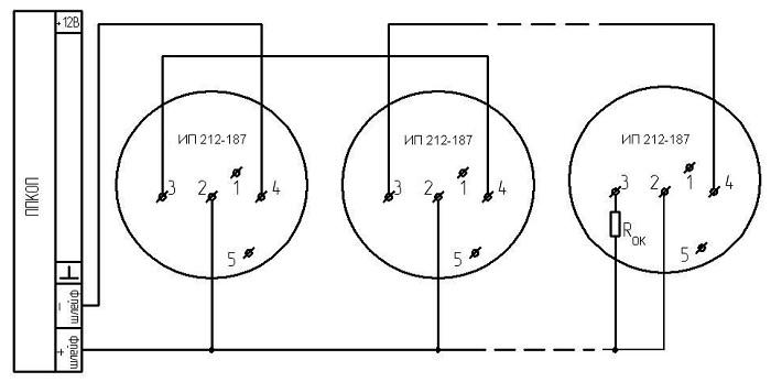 Схема подключения извещателя ИП 212-187 по двухпроводному ШС