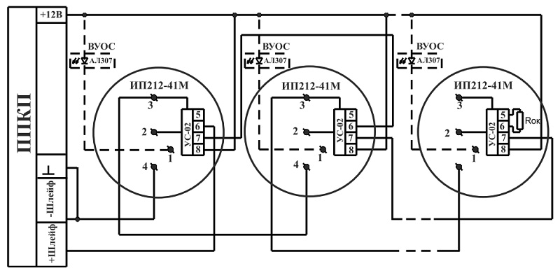 Схема подключения извещателя ИП 212-41М с УС-02 по четырехпроводному ШС
