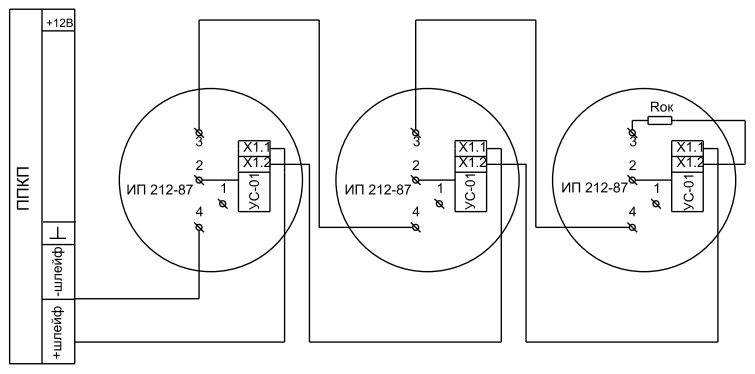 Схема подключения извещателя ИП 212-87 с УС-01 по двухпроводному ШС