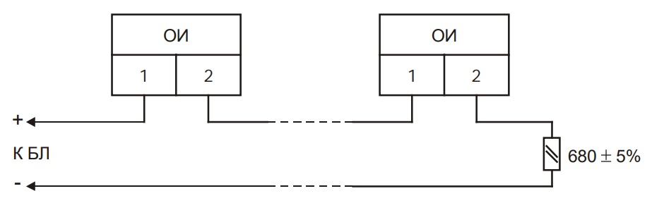 Схема подключения ШС с ИО с нормально-замкнутыми контактами к СИГМА СКШС-04К