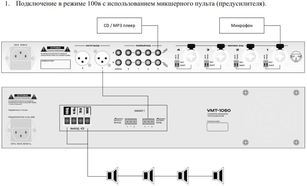 Схема подключения источника аудиосигнала и громкоговорителей в режите 70-100 В к усилителю ВЕКТОР УМТ-1240