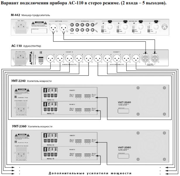 Схема подключения ВЕКТОР АС-110 в стерео режиме